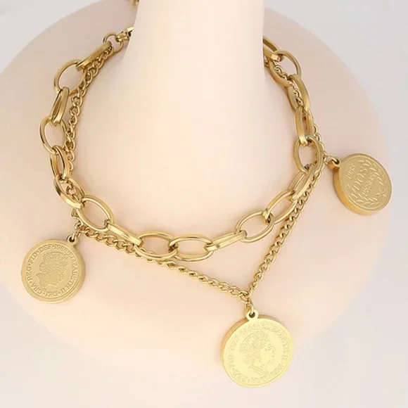 New 18K Gold Plated Vintage Coin Queen Elizabeth Link Chain Layered Bracelet - Picture 3 of 5